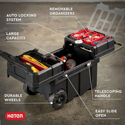 Keter Masterloader Resin Rolling Tool Box with Locking System and Removable Bins ?C Perfect Organization and Storage Chest for Power Drill, Tape Measure, and Screwdriver Set, Black - Image 2