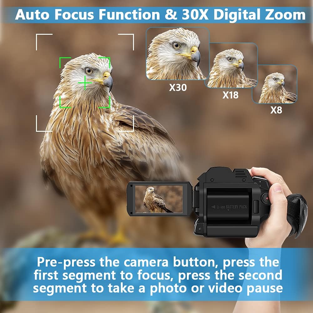 Video Camera 4K HD Auto Focus Camcorder 48MP 60FPS 30X Digital Zoom Camera for YouTube LED Function 4500mAh Battery with Handheld Stabilizer, Remote Control,Microphone and 64G SD Card - Image 3