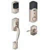 Schlage Camelot Satin Nickel Connect Z-Wave Plus Smart Deadbolt and Camelot Handleset with Accent Lever with Camelot Trim
