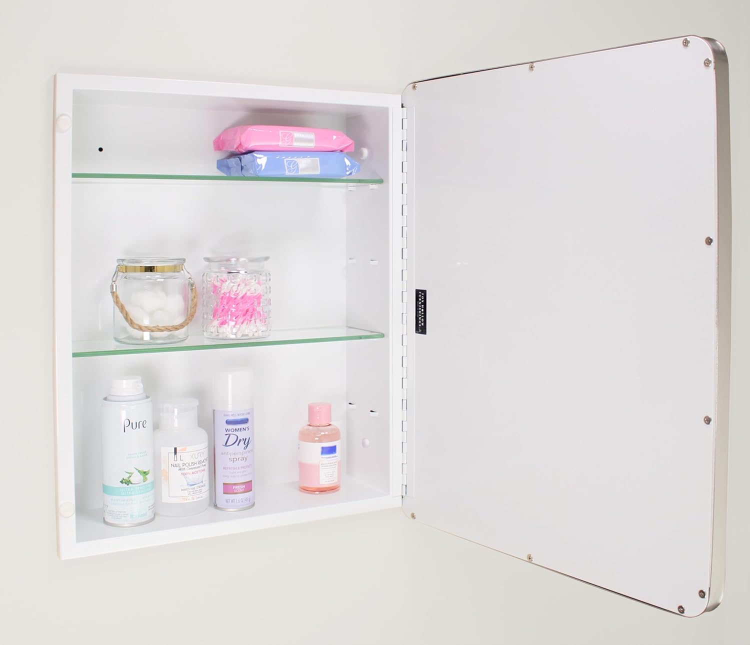16×20 Austin Farmhouse Metal Framed Rounded Rectangle Recessed Bathroom Medicine Cabinet, Beveled Mirror, 14×18 in-Wall Opening, powder-coated Steel, Glass Shelves, Magnet Close, Brushed Nickel - Image 9