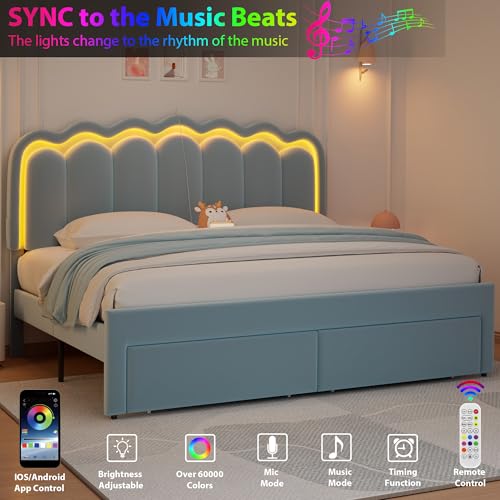 Twin Upholstered LED Bed Frame with Storage Drawer and Adjustable Chic Double Wavy Headboard, Velvet Princess Platform Bed for Kids/Girls, Solid Wood Slats Support, No Box Spring Needed, Beige - Image 14