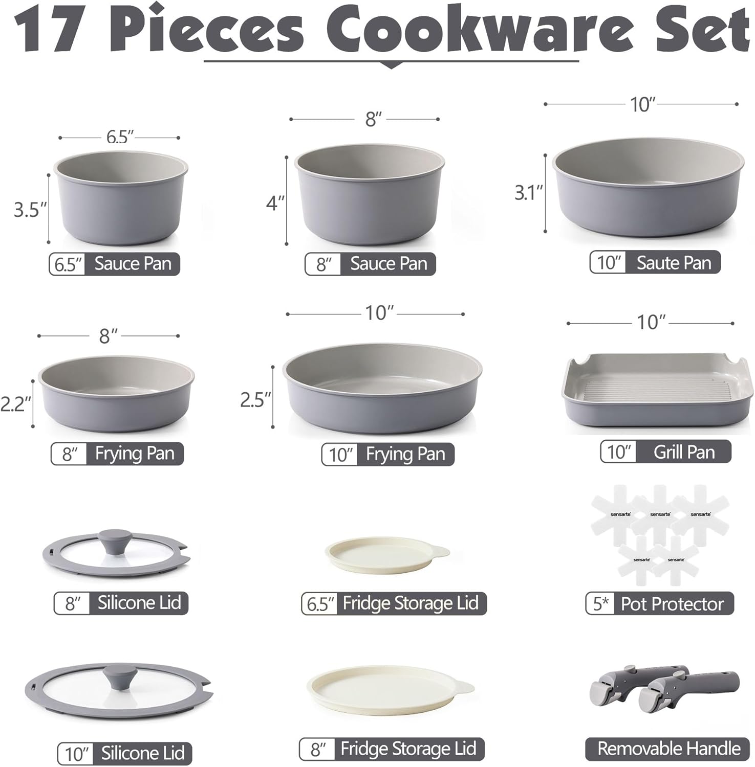 SENSARTE 17 Piece Ceramic Pots and Pans Set, Nonstick Detachable Handle Cookware, Induction Kitchen Cookware Set with Removable Handle, Dishwasher ?? Oven Safe (Gray) - Image 4