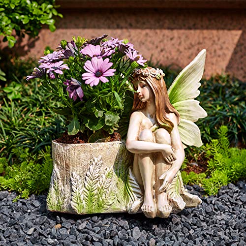 Fairy Planter Flower Pots, Girl Succulent Plant Pot Garden Figurine Outdoor for Patio Lawn Yard Decoration, Hand Painted Resin Figurines, 11.2 inch H - Image 7