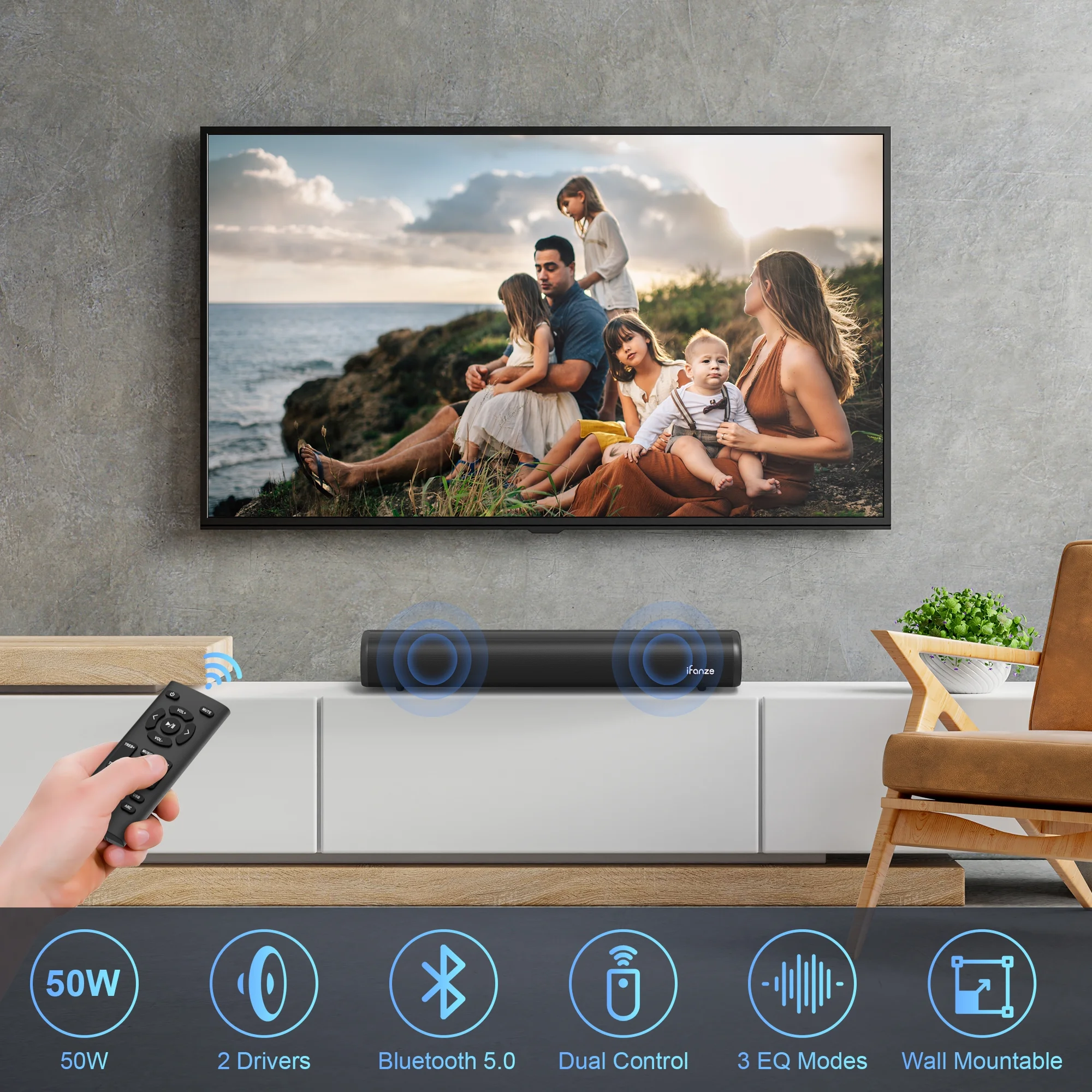 Sound Bar for TV, Bluetooth 5.0/HDMI-ARC/Optical/AUX/Coaxial/USB Wired & Wireless Connection Soundbar, Surround Sound System Smart TV Sound Bar with Built-in Subwoofers, Remote Control - Image 2