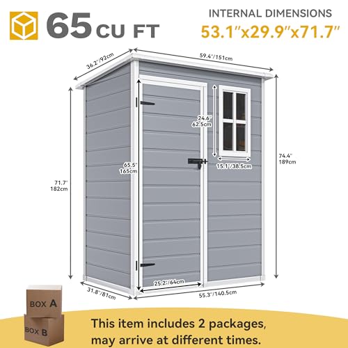 DWVO 5x3ft Resin Outdoor Storage Shed with Floor, Waterproof Lockable Storage Shed with Window, Plastic Outside Tool Storage for Garden, Backyard, Patio, Lawn, Gray - Image 41