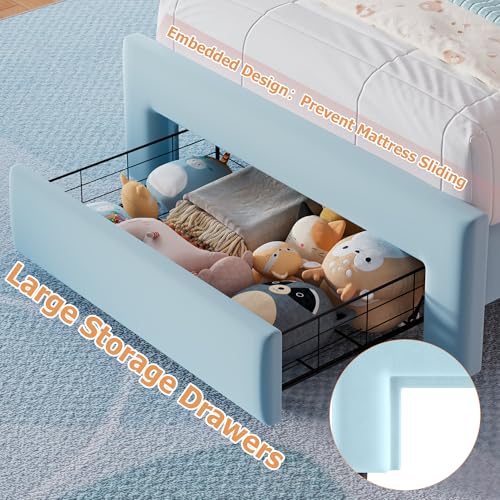 Twin Upholstered LED Bed Frame with Storage Drawer and Adjustable Chic Double Wavy Headboard, Velvet Princess Platform Bed for Kids/Girls, Solid Wood Slats Support, No Box Spring Needed, Beige - Image 49