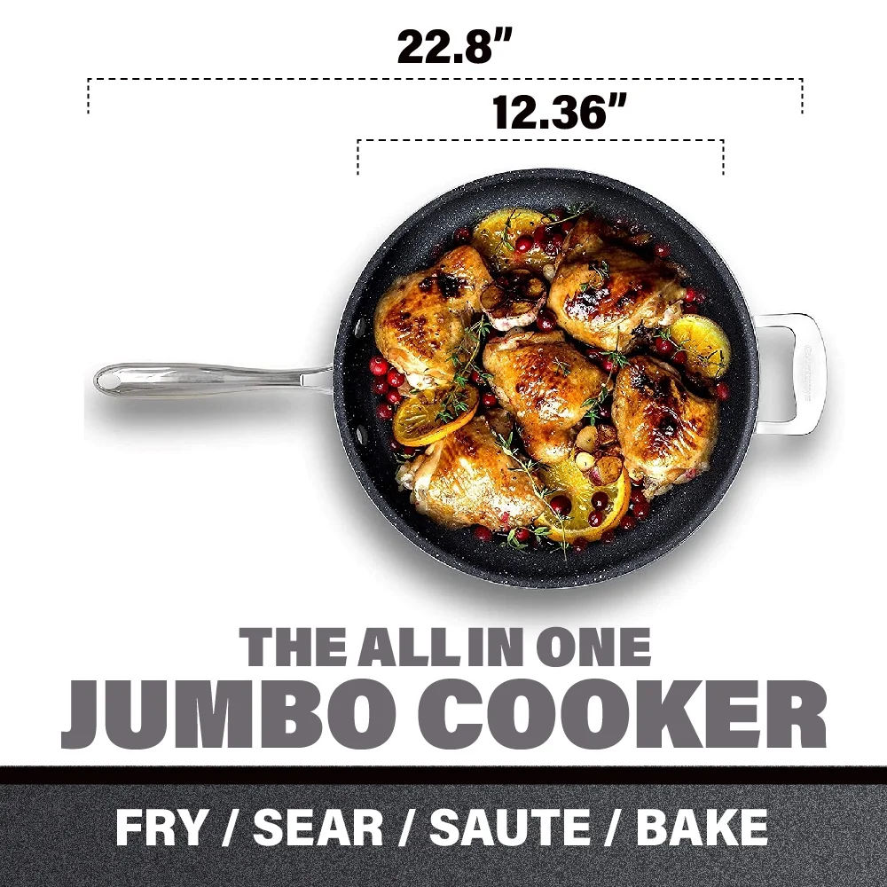 Granitestone Jumbo Cooker with Lid, Nonstick Triple Coated Surface, Family Sized Open Skillet with Stainless Steel Stay Cool & Helper Handle, Oven and Dishwasher Safe - Image 4